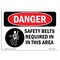 Signmission OSHA Danger, Belts Required In This Area Symbol, 18in X 12in Rigid Plastic, 18" W, 12" H, Landscape OS-DS-P-1218-L-1553 - alternate 1